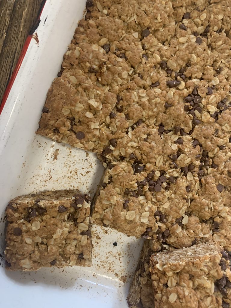 chocolate chip oatmeal bars in pan